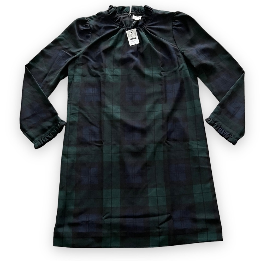 J. Crew NWT Size 8 Ruffleneck Shift Dress Blue Green Plaid Long Sleeve